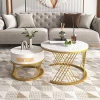 BTM Marble & Rattan Nesting Table, Gold Legs, 2-in-1 Set in White