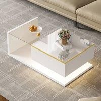 BTM 90cm Long High-Gloss Coffee Table with Glass Top & LED Effect in White