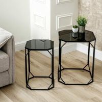 Latitude Run Black Metal Nesting End Table for Living Room Furniture, Mirror Top Nest of Side Tables,Accent Table Black 53cm H X 40cm W X 40cm D