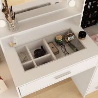 Brayden Studio Vanity Desk with Mirror and Lights, Makeup Desk with Jewelry Organizer, Makeup Vanity with Glass Top, Dressing Table with Drawers and Shelves for Bedr White;Yellow;Orange 140cm H X 140cm W X 40cm D