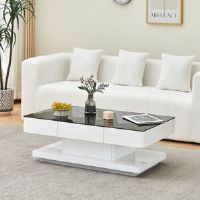Latitude Run Coffee Table, 100 X 60 X 35 Cm 8 MM Tempered Glass Top Rectangle Living Room Centre Table With 2 Storage Drawers, Black Black