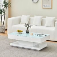 Latitude Run Coffee Table, 100 X 60 X 35 Cm 8 MM Tempered Glass Top Rectangle Living Room Centre Table With 2 Storage Drawers, Black White