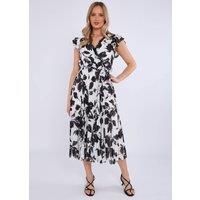 Lace Trim Mono Pleated Wrap Midi Dress