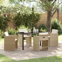 5 Piece Garden Dining Set with Cushions Beige Poly Rattan