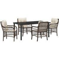 5 Piece Garden Dining Set with Cushions Brown Poly Rattan