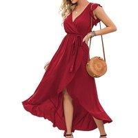 V-Neck Wrap Slit Dress - Red, Black, Blue Or Green