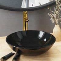 Bathroom Sink with Tap and Push Drain Black Tempered Glass