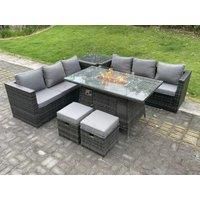 8 Seater Outdoor Rattan Gas Fire Pit Table Sets Heater Lounge Footstools