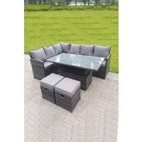High Back Corner Rattan Sofa Dining Rising Table Height Adjustable 8 Seater 2 Small Foot Stools