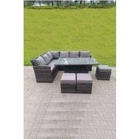 High Back Corner Rattan Sofa Rising Dining Table Height Adjustable 9 Seater 3 Small Foot Stools