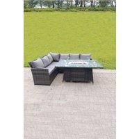 High Back Corner Rattan Sofa Gas Fire Pit Dining Table Gas Heater Sets 6 Seater