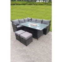 High Back Corner Rattan Sofa Gas Fire Pit Gas Heater Dining Table Sets 8 Seater 2 Small Footstools