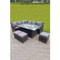High Back Corner Rattan Sofa Gas Fire Pit Dining Table Sets Gas Heater 9 Seater 3 Small Footstools