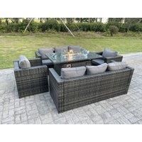 Outdoor Rattan Garden Furniture Gas Fire Pit Table Sets Gas Heater Lounge Chairs Dark Grey 8 Seater