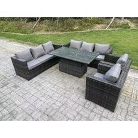 Outdoor Rattan Garden Furniture Height Adjustable Rising Lifting Table Sets Lounge Chairs 8 Seater