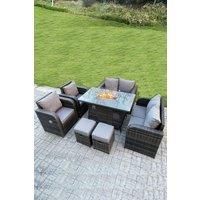 Outdoor Rattan Fire Pit Dining Table Gas Heater 2 Recling Chairs 2 Seater Love Sofa Footstools 8 Seater