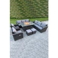 Outdoor Rattan High Back Sofa Set Fire Pit Dining Table Gas Heater 2 Recling Chairs Footstools 10 Seater