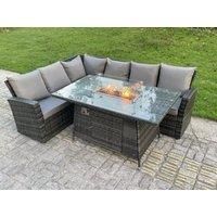 Outdoor Rattan High Back Sofa Set Gas Fire Pit Dining Table Gas Heater Burner 6 Seater