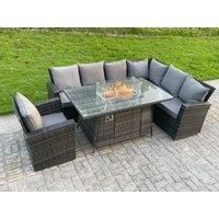 High Back Rattan Corner Sofa Set Gas Fire Pit Dining Table Heater Chair 7 Seater