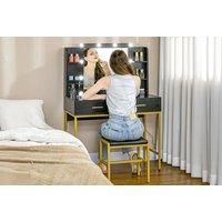 Modern Vanity Table With Hollywood Mirror, Shelves, & Stool - Black