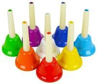 Coloured Hand Bells Set of 8 Diatonic Notes C-C 13cm High, Colour-Coded - A-Star