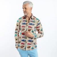 CLAUDIO LUGLI Men's Retro Classic Cars Print Shirt in Beige | Size: XL