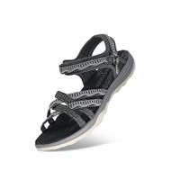 GRITION Women Hiking Sandals, Girls Outdoor Sport Water Shoes Summer Flat Cross-Tied Sandals Open Toe Adjustable Hook and Loop Walking Shoes Black Pink Gray Sand (5 UK, Black)
