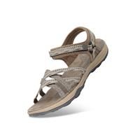 GRITION Women Hiking Sandals, Girls Outdoor Sport Water Shoes Summer Flat Cross-Tied Sandals Open Toe Adjustable Hook and Loop Walking Shoes Black Pink Gray Sand (5.5 UK, Beige)
