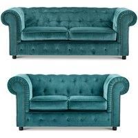 Ashbourne Chesterfield Velvet Fabric Sofa Suite 3 Seater and 2 Seater Studded Design