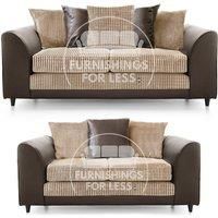 Luca Brown and Beige 3 + 2 Fabric and Leather Trim Sofa Suite