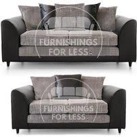 Luca Black and Grey 3 + 2 Fabric and Leather Trim Sofa Suite