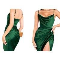 Satin Open Back Cami Slip Dress - Black, Green, Brown