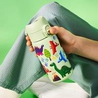 Ion8 Kids Water Bottle, Steel 400 ml/13 oz, Leak Proof, Easy to Open, Secure Lock, Dishwasher Safe, Flip Cover, Carry Handle, Easy Clean, Durable, Metal Water Bottle, Raised Print, Dinosaurs Design