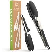 Oliver's Kitchen Tongs - 2 x Food Safe Silicone Cooking Tongs - Locking Clip for Easy Storage - Great for BBQ - Easy to Use & Grip Serving Tongs - Stylish Stainless Steel Design - 1 Year Guarantee