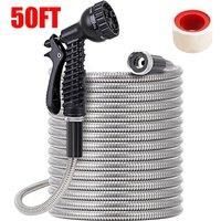 50FT Stainless Steel Garden Hose Pipe Water Kink-Free With Spray Gun