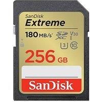 SanDisk 256GB Extreme SDXC card, SD card up to 180MB/s, V30 Memory card, UHS-I, Class, 10, U3, V30, RescuePro Deluxe data recovery software.