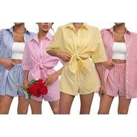 Women'S Striped Printed Shirt And Shorts Set - 5 Sizes & 4 Colours