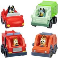 Bluey Mini Racers, 4 of the Most Popular Vehicles in Mini Form. Roll and Race With Garbage Truck, Fire Truck Bingo, Convertible Bandit and Heeler 4WD Chilli, Collect Them All!