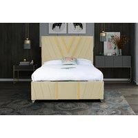 Plush Velvet Cream Colour Bed Frame W/ Gold Trim In 5 Sizes
