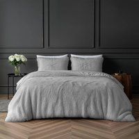 Smart Living Luxury Long Pile Faux Fur Duvet Cover with Pillowcases in Silver | Size: Double