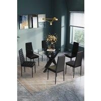 7-piece Set of 160cm Dining Table & 6 Faux Leather Dining Chairs Tempered Glass Cross Legged Table