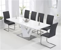 Santino 160cm White High Gloss Extending Dining Table With 6 Grey Austin Chairs