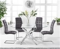 Denver 165cm Oval Glass Dining Table With 6 Grey Lorin Velvet Chairs