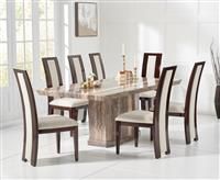 Carvelle 200cm Brown Pedestal Marble Dining Table With 6 Black Novara Chairs