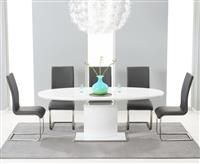 Santana 160cm White High Gloss Extending Pedestal Dining Table With 4 Grey Malaga Chairs