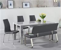 Atlanta 160cm Light Grey High Gloss Dining Table with Cavello Chairs and Malaga Grey Bench