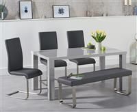 Atlanta 160cm Light Grey High Gloss Dining Table with Austin Chairs and Austin Grey Bench