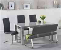 Atlanta 160cm Light Grey High Gloss Dining Table with Malaga Chairs and Malaga Grey Bench