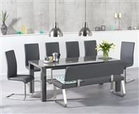 Atlanta 200cm Dark Grey High Gloss Dining Table with Malaga Chairs and Malaga Large Grey Bench