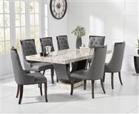 Raphael 200cm Cream and Black Pedestal Marble Dining Table With 6 Cream Francesca Chairs